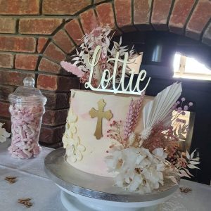Name topper and cross cake charm